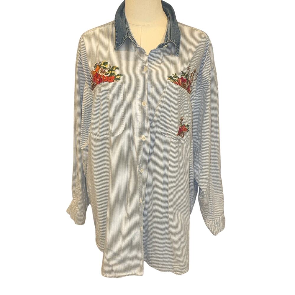 Vintage Solutions Striped Button Down Shirt Embroidered  Harvest Oversized